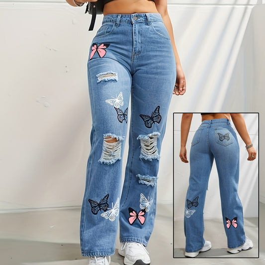 High Waisted Straight Leg Jeans For Women. Trendy Butterfly Print Ripped Distressed Denim Pants