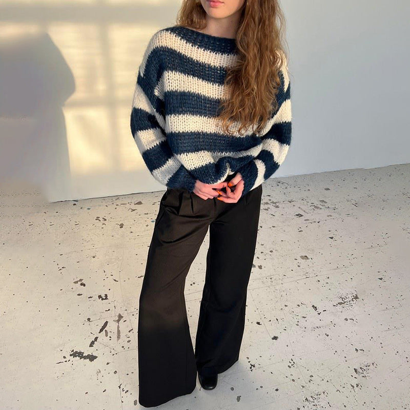 Loose Striped Pullover Sweater. Fashion Versatile Long-sleeved Knitted Tops For Women
