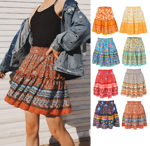 Floral Ruffled Hem Short Skirt with Patchwork Design