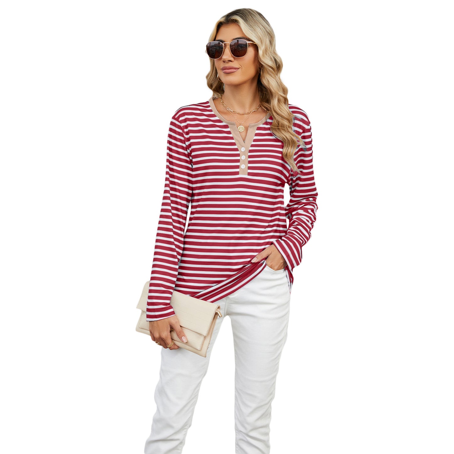 Women's V-neck Striped Loose Long-sleeved T-shirt Tops