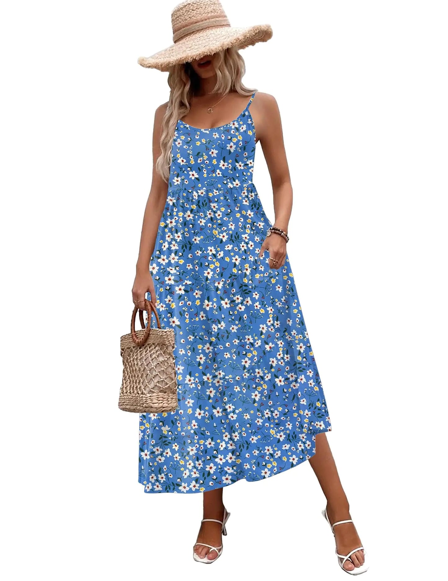 Womens Summer Maxi Dress. Casual Sleeveless Tiered Floral Long Flowy Party Sundress