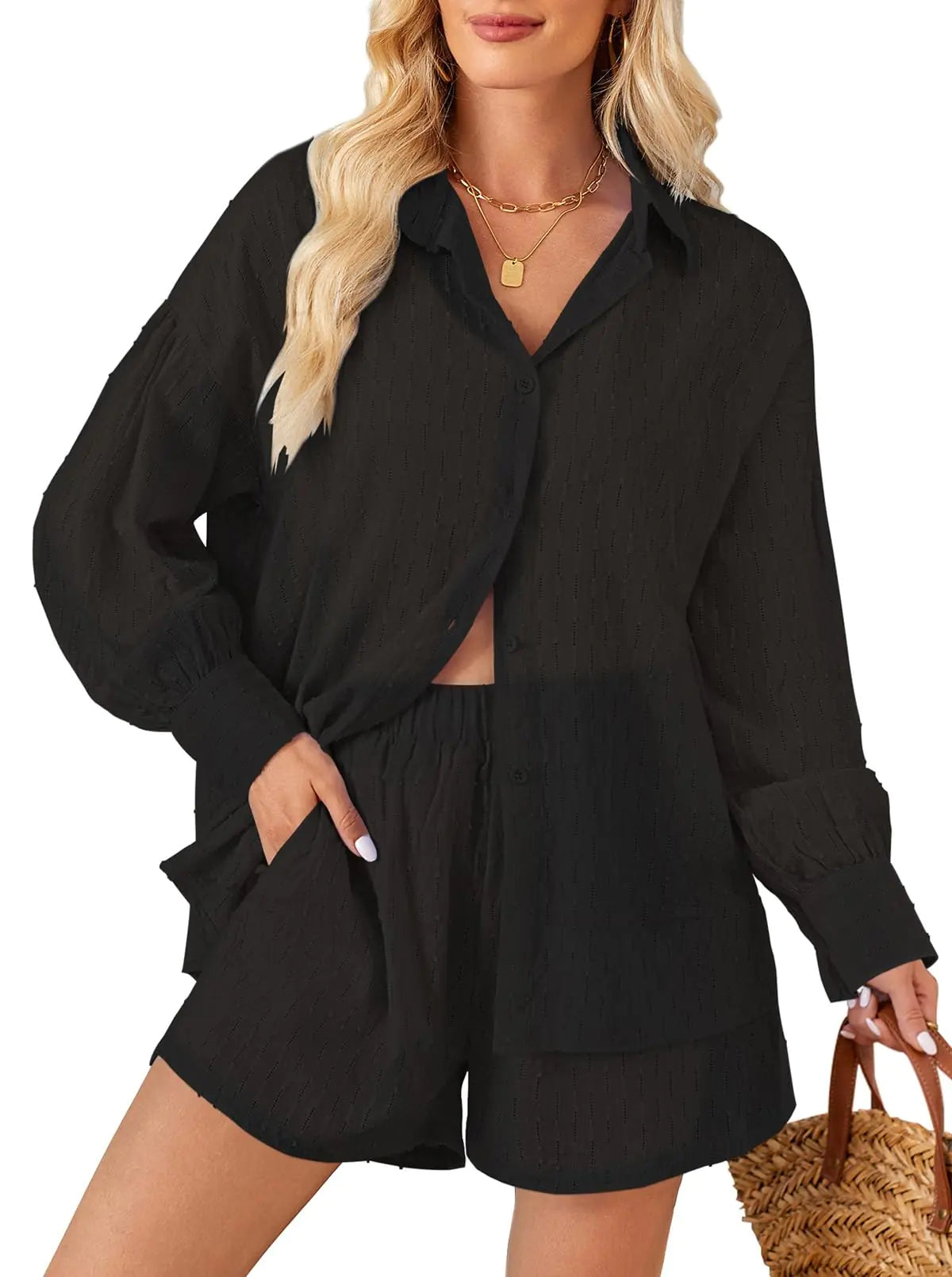 Fixmatti 2 Piece Sets for Women. Summer Buttons Up Blouse and Shorts Pant Set