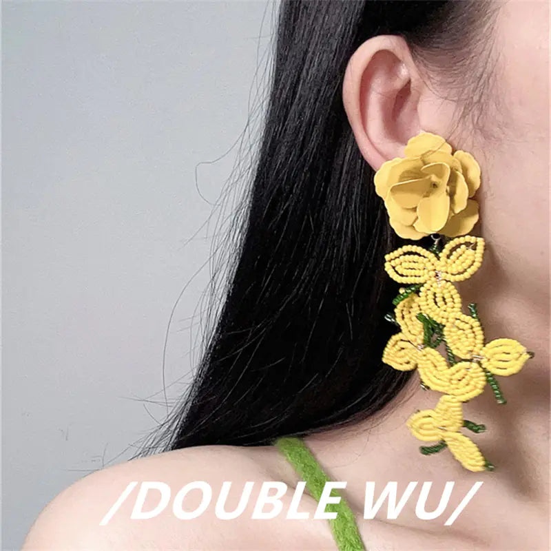Handmade Beaded Flower Tassel Earrings for Women