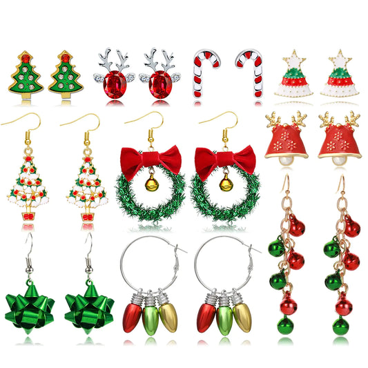 Holiday Dangle Earrings. Christmas Tree Snowflake Bell Reindeer Stud Earrings, Jewelry Costume Outfit Accessories