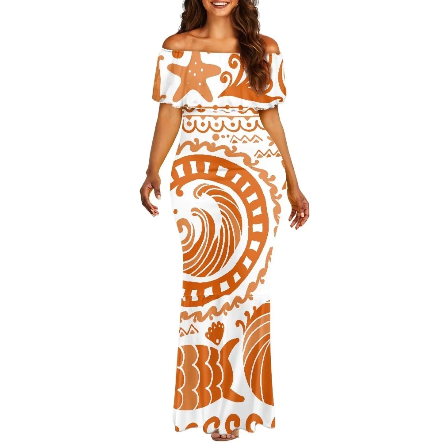 Polynesian Off The Shoulder Dress. Summer Beach Hawaiian Dresses, Aztec Long Sun dress. African Indian Clothes