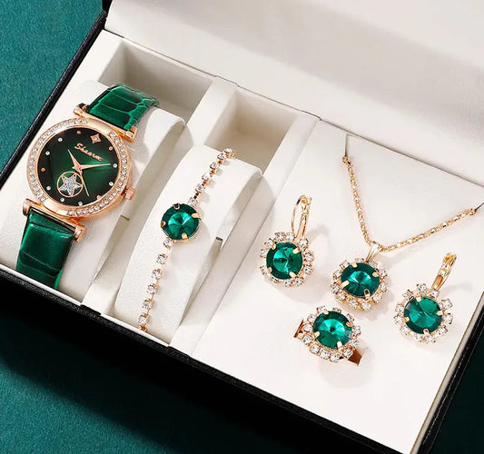 5-Piece Green Fashion Jewelry Set: Watch, Earrings, Necklace, Bracelet, Ring