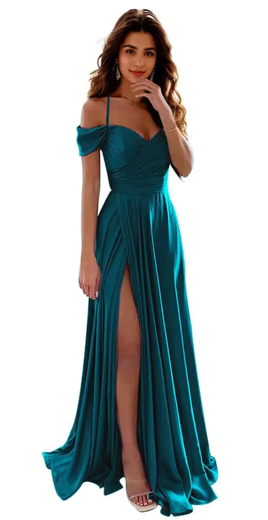 Off The Shoulder Satin Dress. Long Party Dress with Slit.