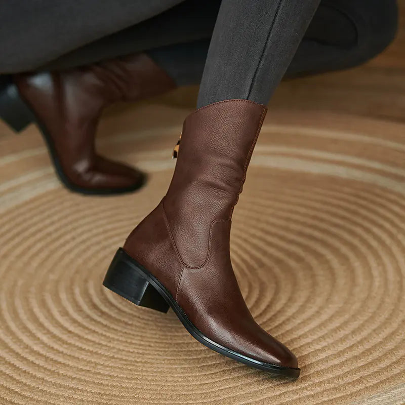 Vintage Leather Ankle Boots with Chunky Heels