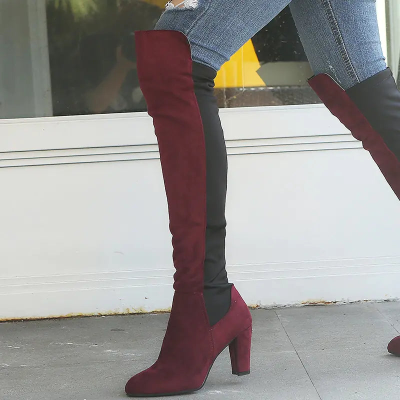 Color Block Over-the-Knee Heeled Boots for Women