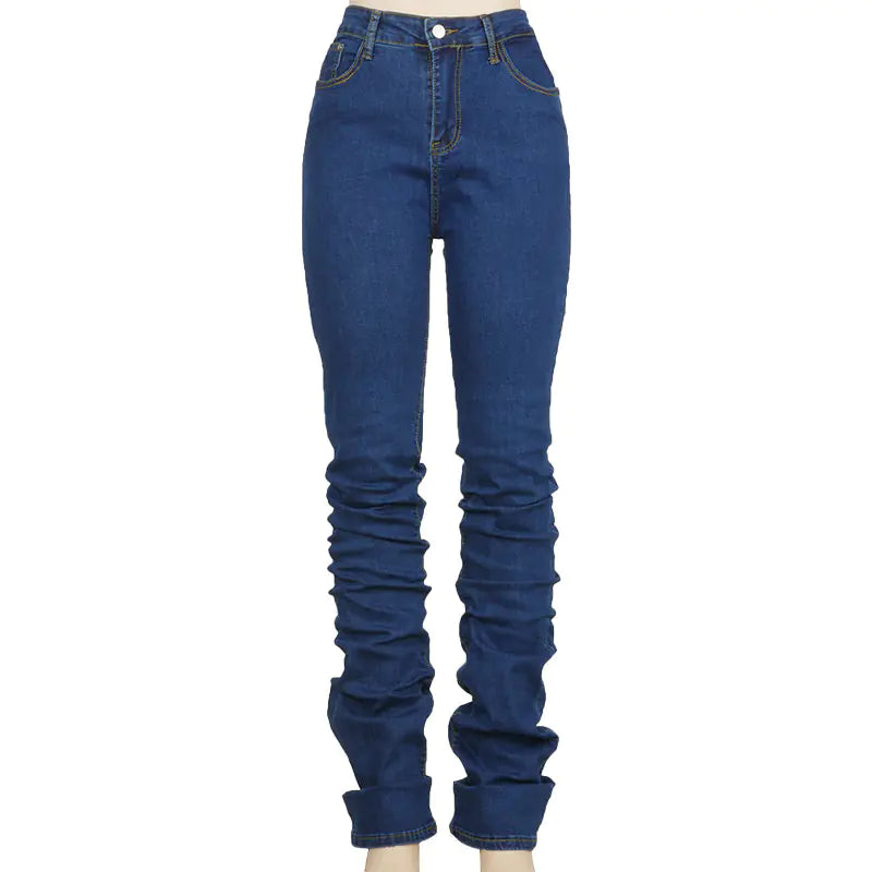 Ruched Denim Blue High Waist Stacked Pants for Women