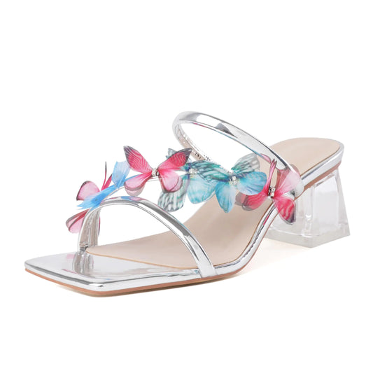 Strappy Low Block mule Heels. Square Open Toe Butterfly Sandals, Chunky Clear Heeled Shoes 2 Inches. US Size 9