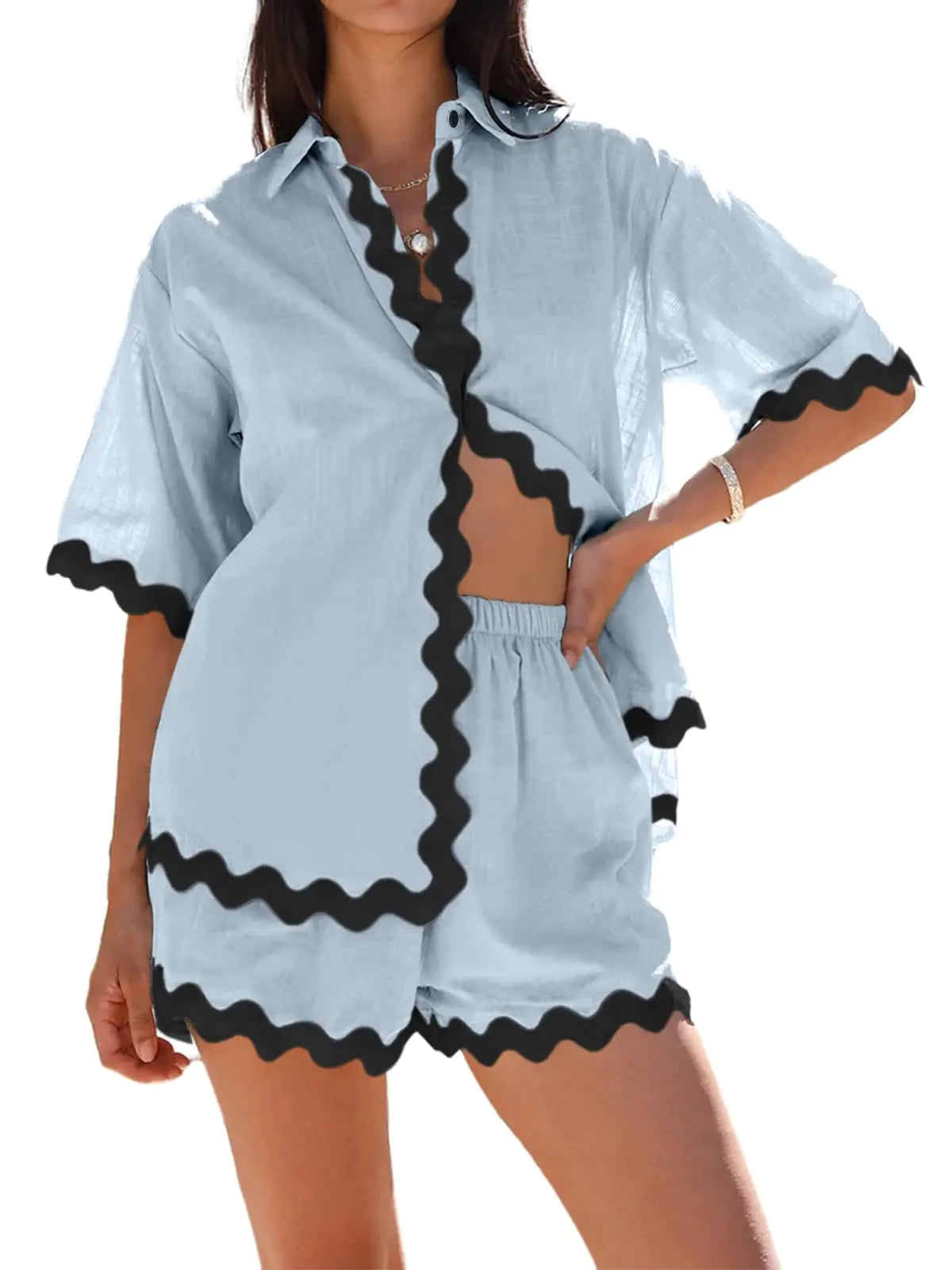 Womens 2 Piece Outfits for Beach Vacation. Summer Short Sleeve Button Down Shirts and Shorts Lounge Sets