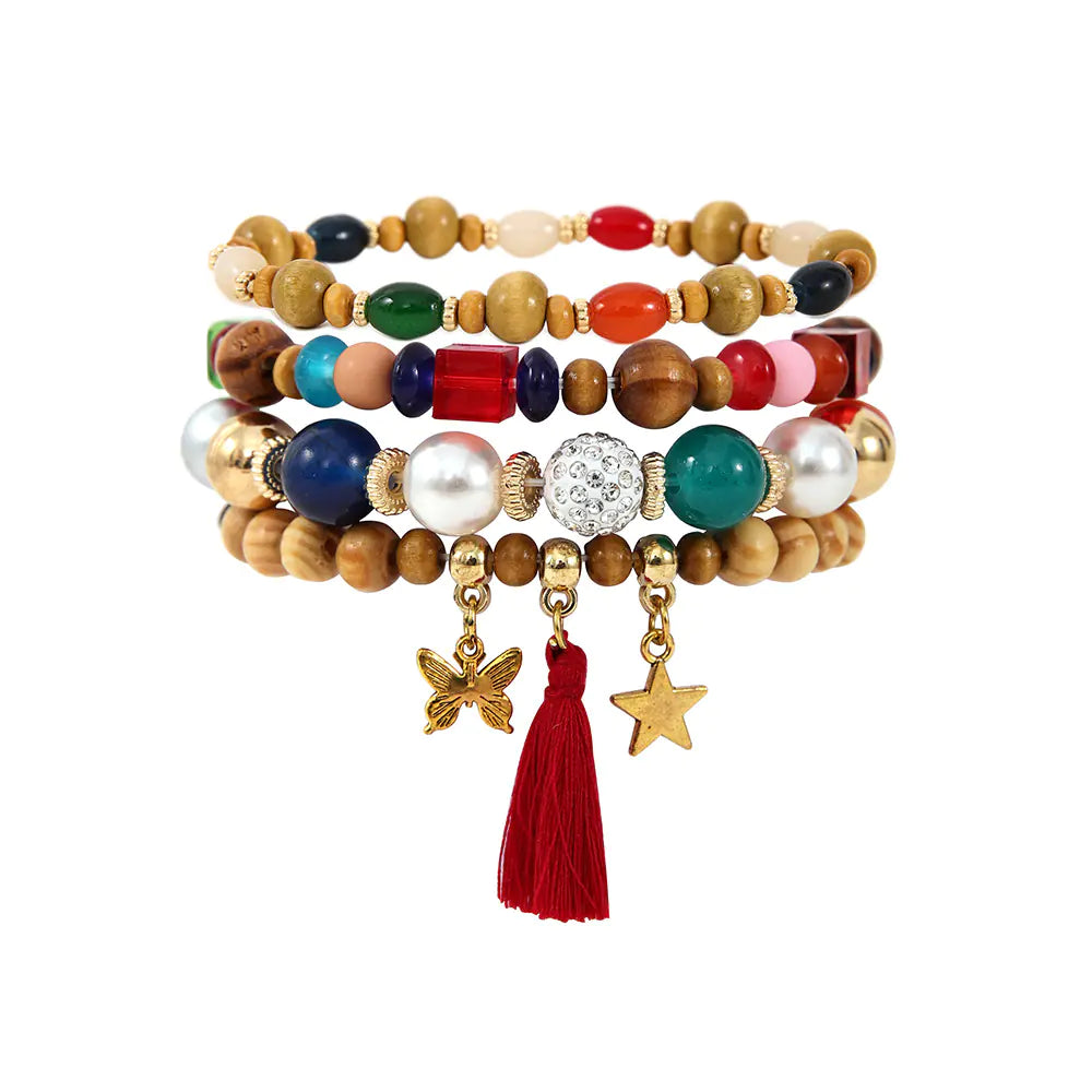 Ethnic Wooden Bead Tassel Bracelet Set
