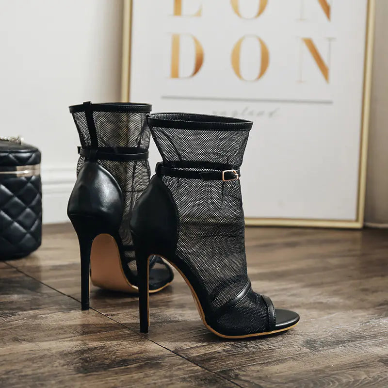 Fishnet Peep-Toe High Heels, Hollow Sexy Booties