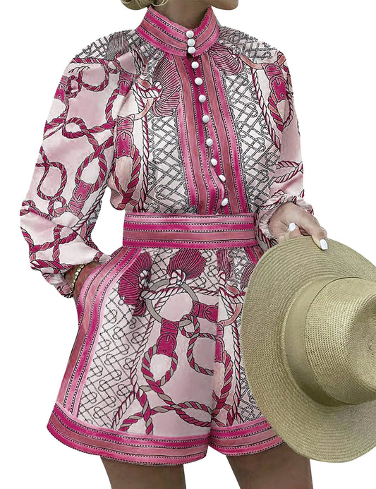 2 piece Womens Boho Print Long Sleeve Top & High Waist Shorts Set. Tropical Romper Summer Matching outfit