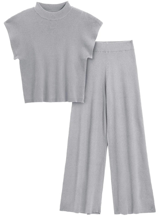 2 Piece Sweater Knit Sets. Mock Neck Short Sleeve Tops and Wide Leg Pants, Casual Tracksuit for women
