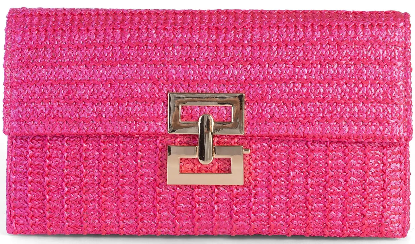 Summer Straw Clutch Purse. Boho Vacation Woven Raffia Envelope Wallets, Fold Over Rattan Chain Crossbody Hand Bag