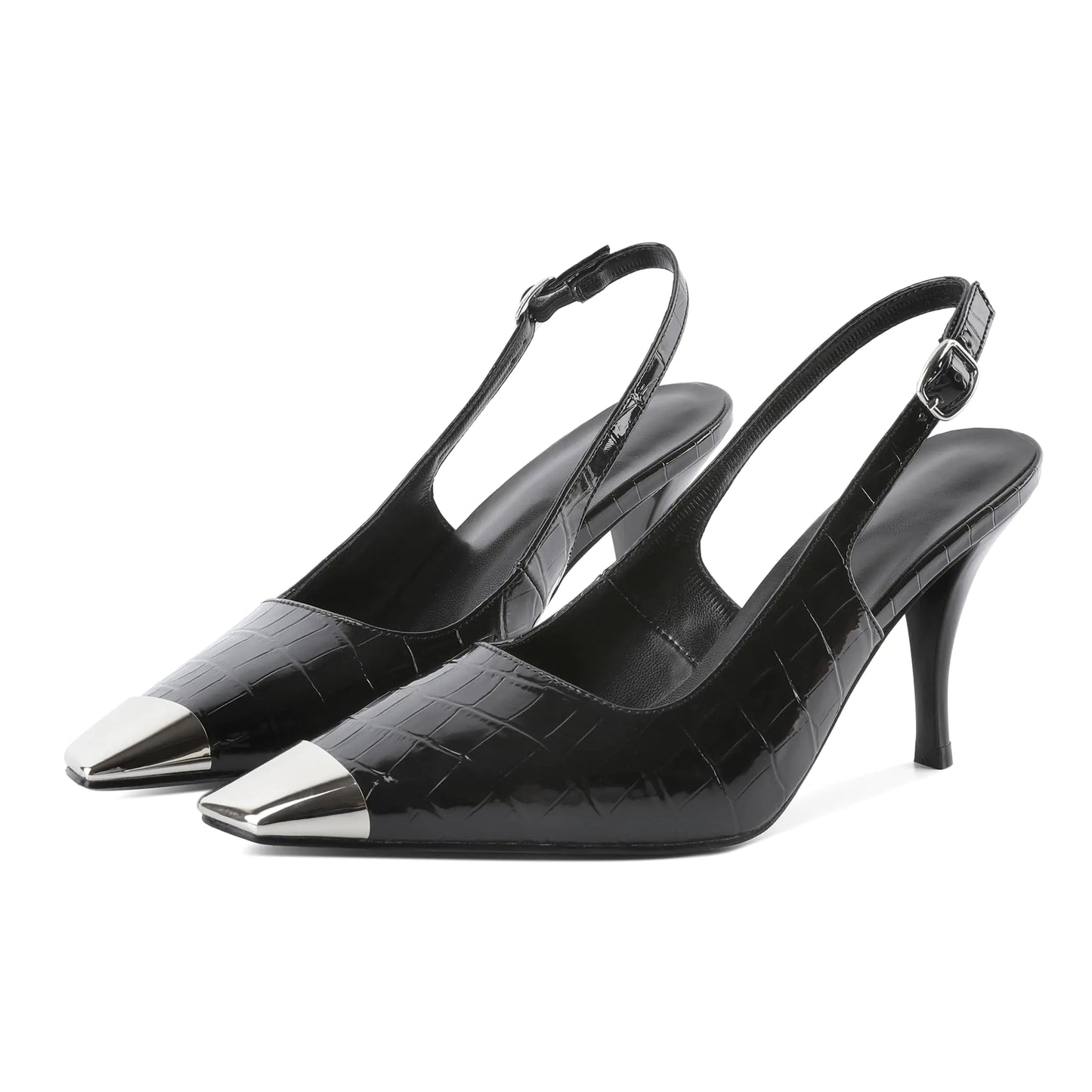 Slingback Heels for Women. Cap Toe Stiletto Metallic High Heels Pumps. Silver Closed Toe Two Toned Shoes. US Size 9