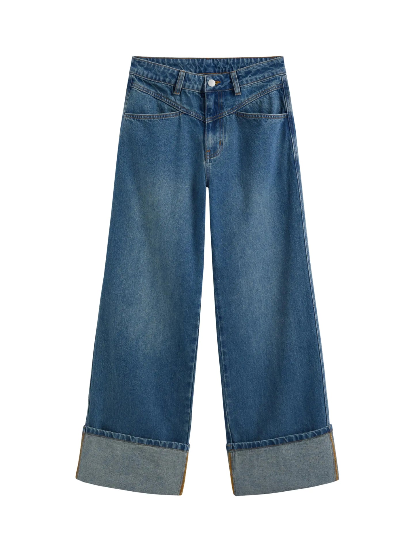 Women’s Baggy Jeans - Straight Wide Leg High Waisted Fold Hem Denim Pants with Pockets: Indigo XL