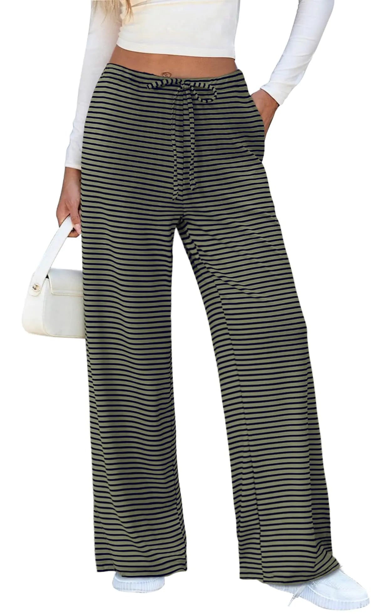Wide Leg Sweatpants for Women. Green and Navy Striped Drawstring Elastic Waist Baggy Pants with Pockets