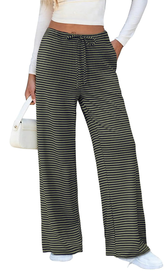 Wide Leg Sweatpants for Women. Green and Navy Striped Drawstring Elastic Waist Baggy Pants with Pockets
