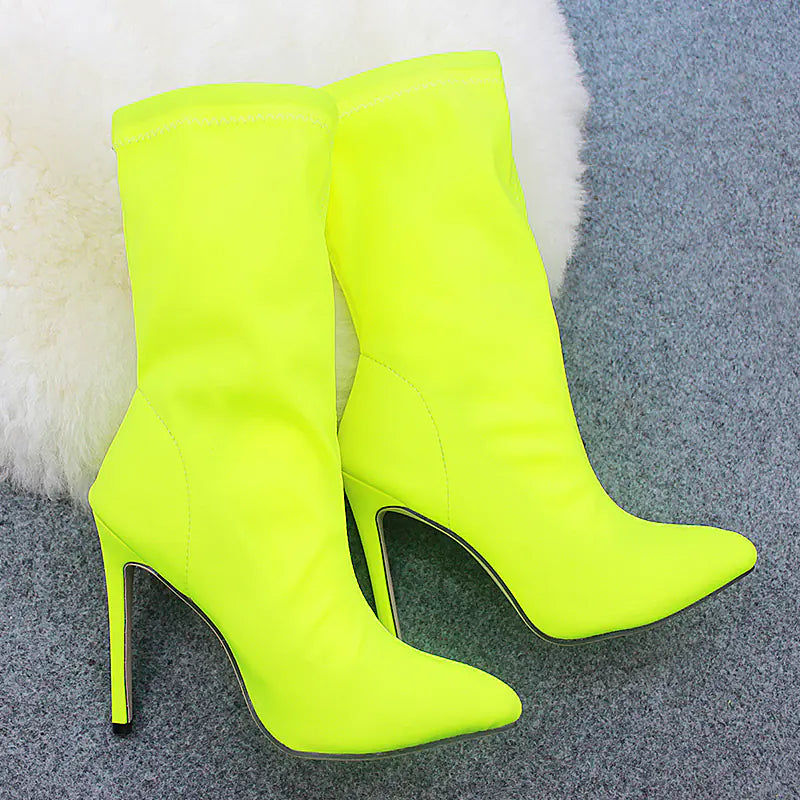Candy Color Pointed Toe Elastic High Heels Booties