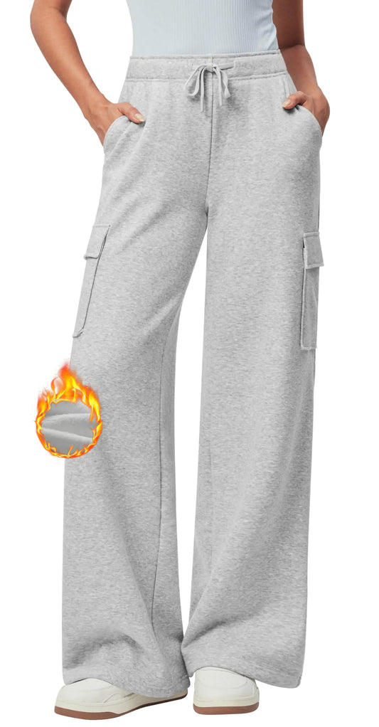 Fleece Cargo Sweatpants for Women. Wide Leg Cargo Pants, High Waisted Baggy Joggers with pockets