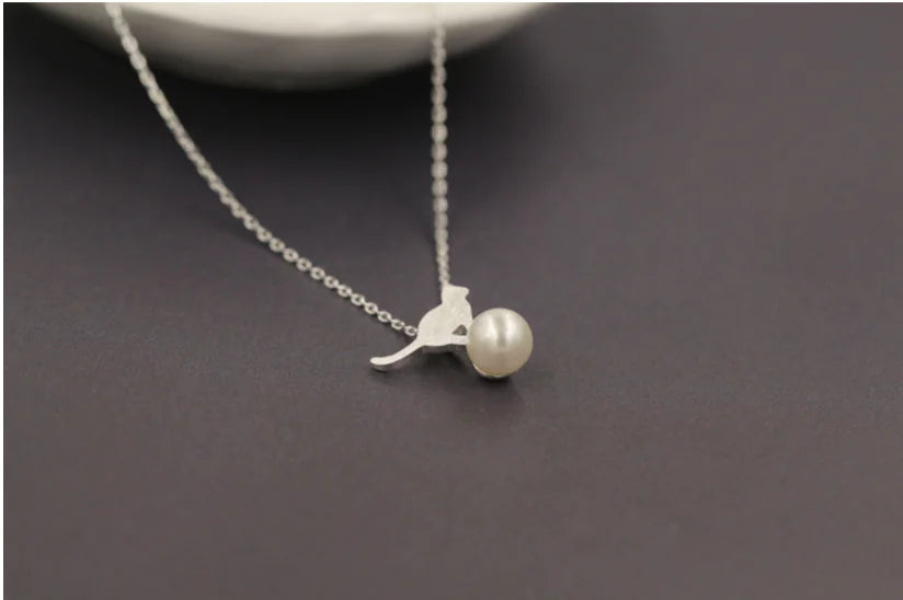 Cat Pearl Stud Earrings and Necklace Set
