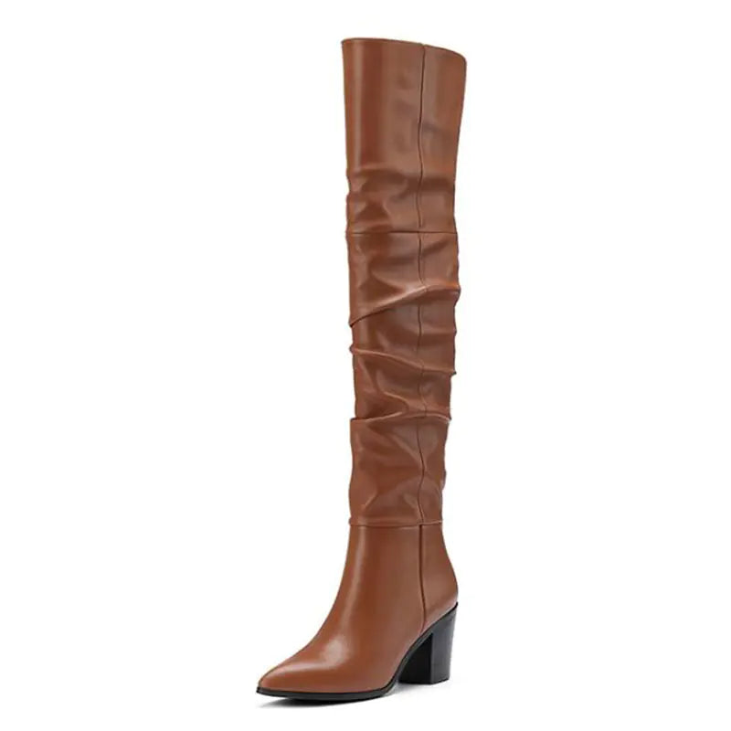 Women’s Leather Over The Knee Boots with Thick Heels