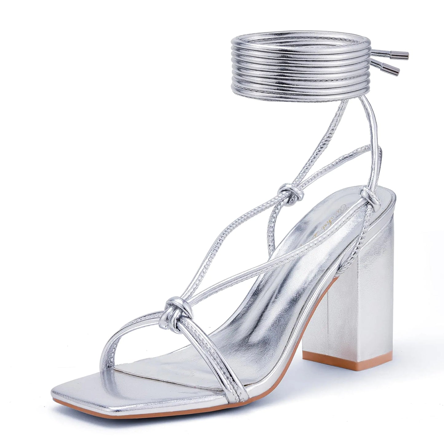 Womens Strappy Chunky Heels Sandals. Lace Up 3 inch Low Block Ankle Wrap Square Open Toe Shoes. Silver Metal Size 6