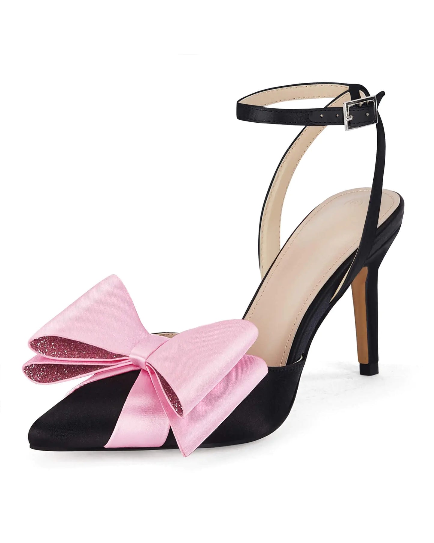 Bow Black shoes for Women. Rhinestone Closed Toe High Heels, Strappy Party Pumps