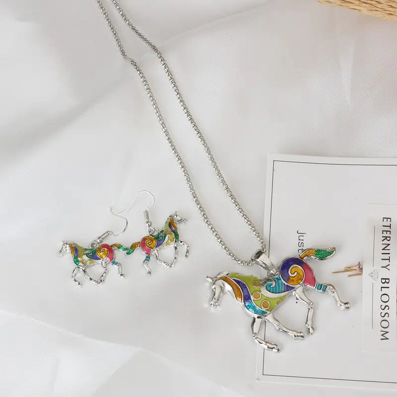Fashionable Drip Oil Rainbow Horse Jewelry Set for Women