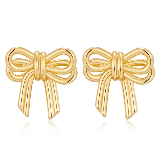 Gold Double Bow Stud Small Earrings, Women Jewelry