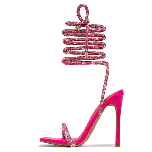 Gold Crystal Ankle Strap Open Toe Heels for Women