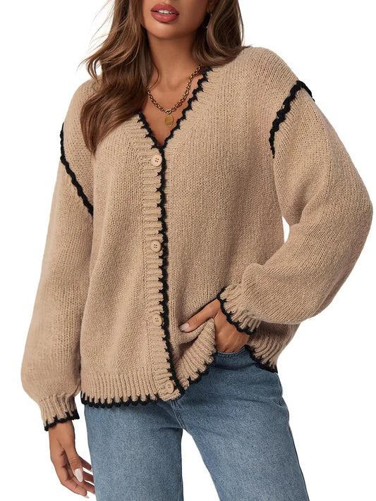 Womens V Neck Cardigan. Button Down Long Sleeve Loose Sweater, Knit Open Front Coats