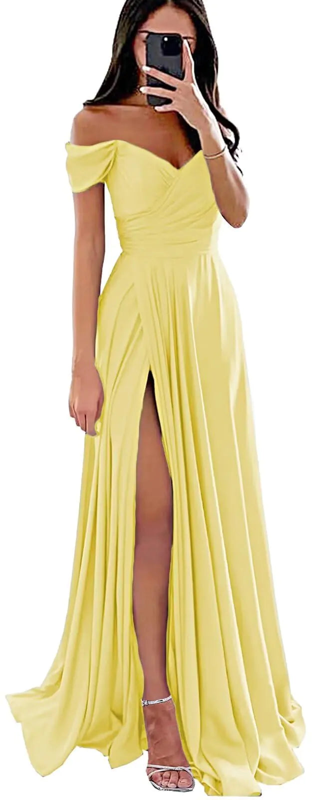 Off Shoulder Silk Satin Prom Dress. Long Formal Party Gowns Dress with Slit
