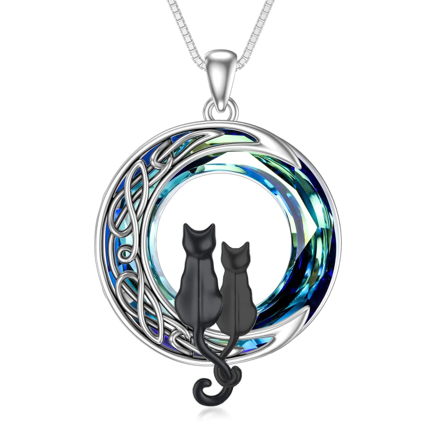 Two Black Cats Necklace. 925 Sterling Silver Cats on the Moon Necklace with Blue Circle Crystal, Cat Lovers Celtic Jewelry Gifts for Women Birthday Christmas