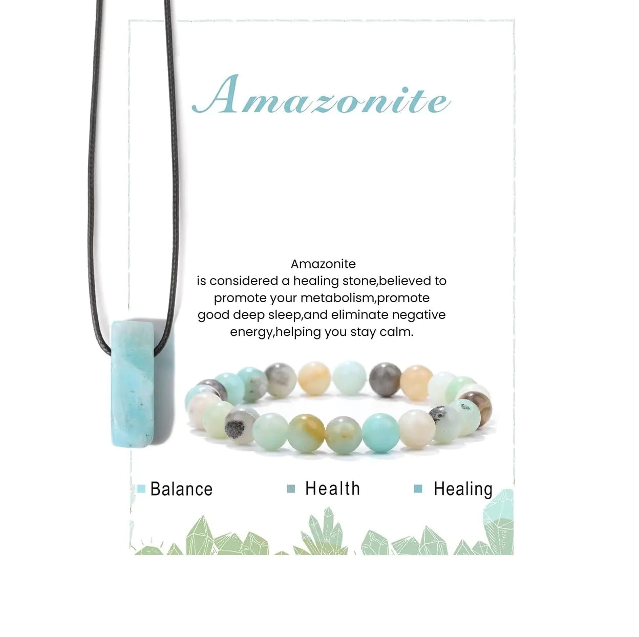 Calming Yoga Bracelets/Necklace Set. Relaxation Crystal Stone Mantra Bracelets. Birthday Gifts Black Leather Necklace -Amazonite