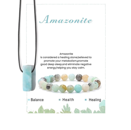 Calming Yoga Bracelets/Necklace Set. Relaxation Crystal Stone Mantra Bracelets. Birthday Gifts Black Leather Necklace -Amazonite