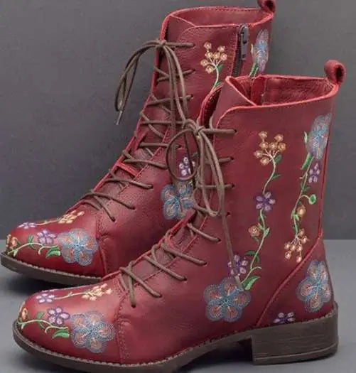 Comfortable Embroidered Mid-Heel Ankle Boots for Women