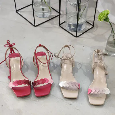 Gradient Heart Buckle Sandals - Cute Mid-Heel Party Shoes