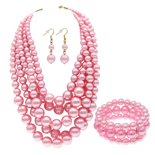 iSPECIAL Colorful Faux Pearl Jewelry Set for Women. Layered Chunky Necklace Earrings and Bracelet Fashion Costume Jewelry Set