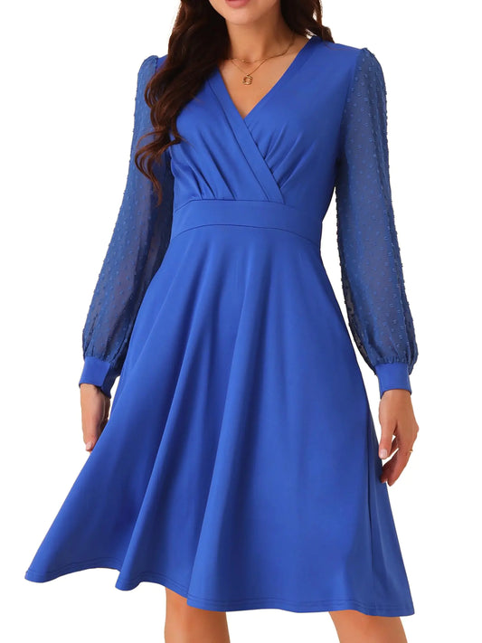 Long Sleeve Wrap V Neck Dress. Elegant Knee Length Dress with Pockets, for work party