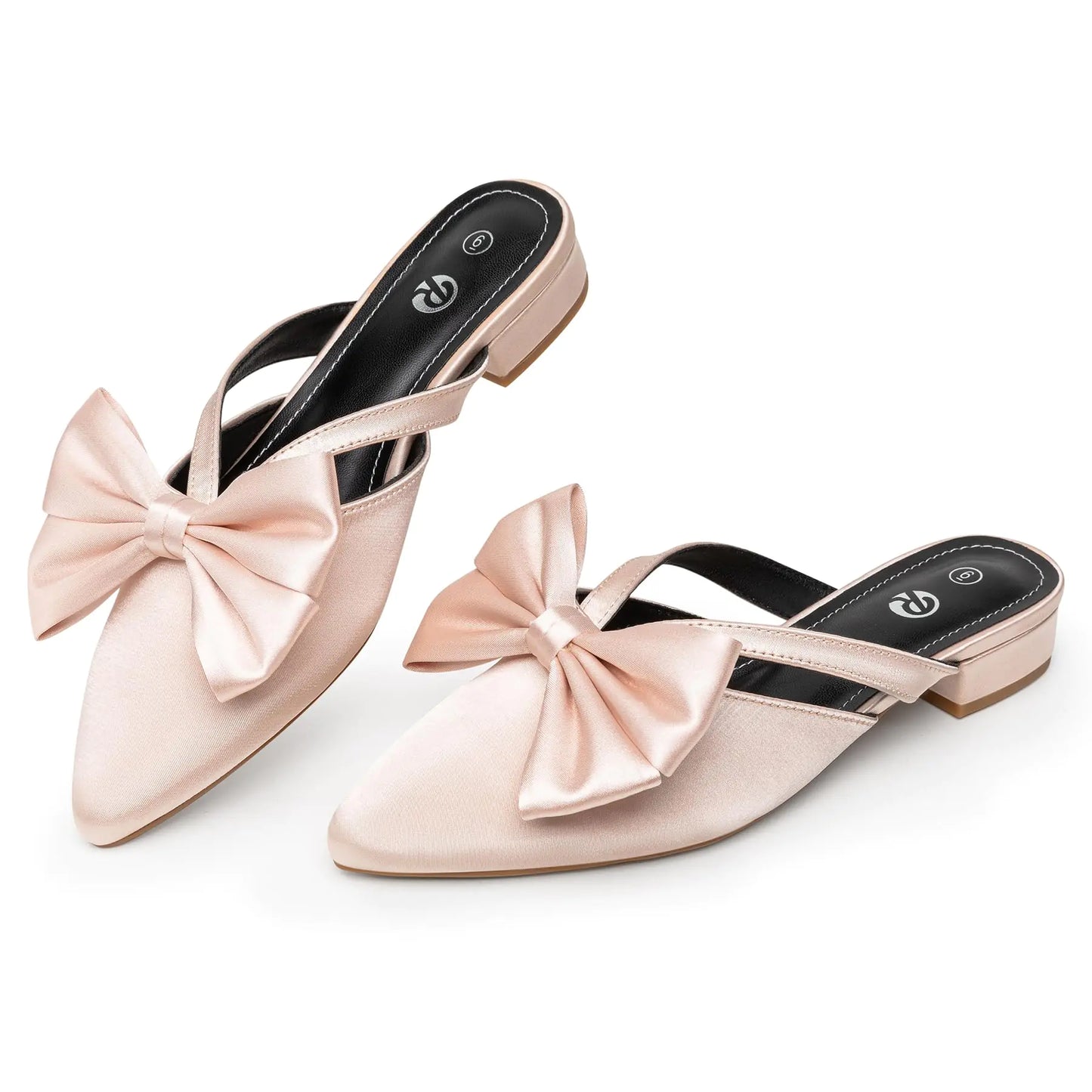 Pink Pointed Toe Flats Bow Knot Closed Toe Womens Mules. Comfortable Silky Low Heels for Casual Work Office Summer