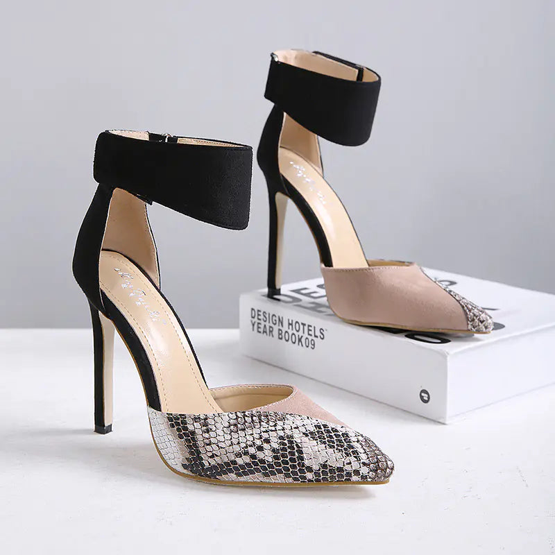 Snake Skin High Heels with Velcro Closure for Women