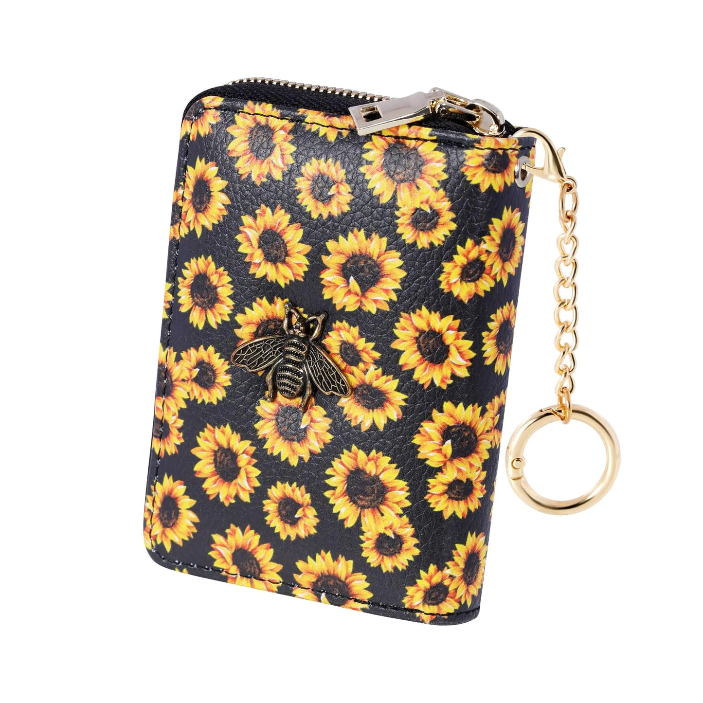 Rfid Credit Card Holder for Women. Small Card Sunflower Wallets with Removable Keychain mini Zip Pocket