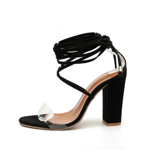Strappy Chunky Heels with Sequins and Transparent Design