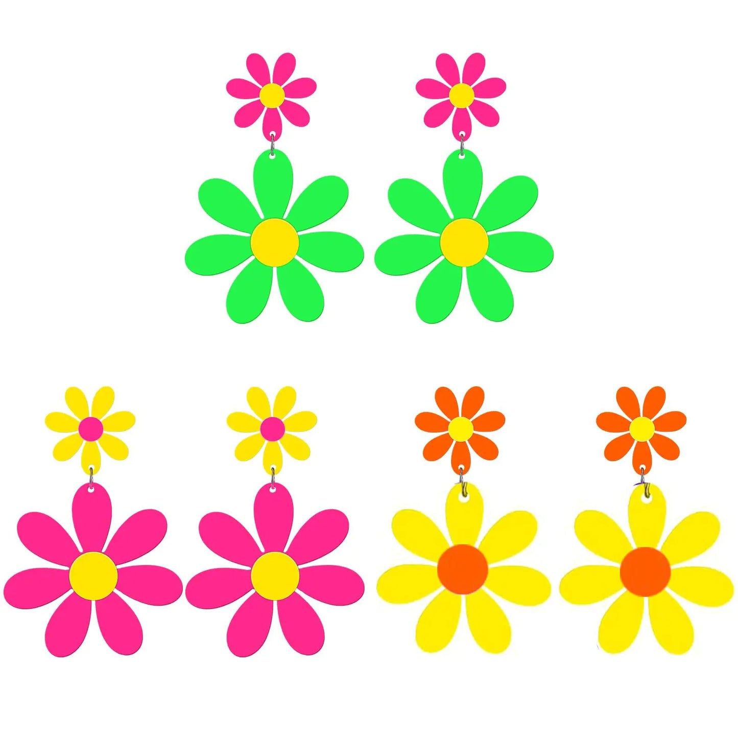 3Pairs 80s 90s Neon Acrylic Flower Earrings. Retro Daisy Drop Dangle Earrings for Women, Y2k Floral sunflower earrings