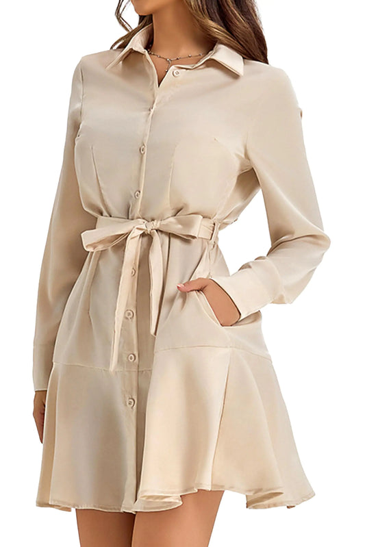 Lapel Collar Button Down Work Office Shirt Dress with Belt. Ladies Casual Midi Flowy Pleated A-Line Winter Spring Tie Waist Dresses