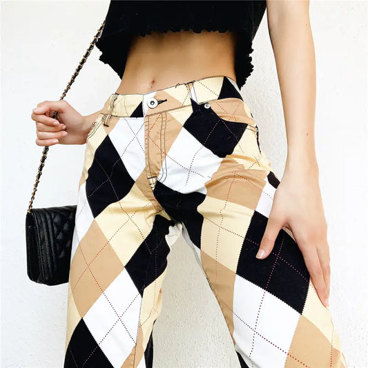 Vintage Plaid Multi-Color Block Cargo Pants for Women